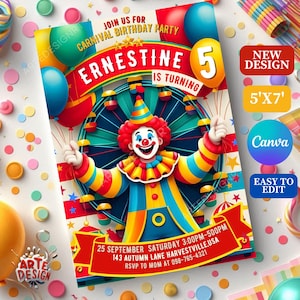 Invitación de cumpleaños de carnaval editable, invitación de fiesta de cumpleaños de carnaval, cumpleaños de invitación de payaso de carnaval, invitación de cumpleaños de payaso digital