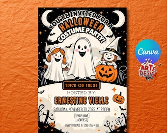 Könnte beinhalten: Halloween-Kostümparty-Einladung mit Cartoon-Geistern, einer Hexe und einem Kürbis vor einem Nachthimmel. Die Einladung enthält den Text "Du bist zu einer Halloween-Kostümparty eingeladen!" und Veranstaltungsdetails.