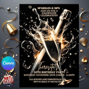 Bearbeitbare Champagner-Geburtstagseinladung, Champagner-Party-Einladung, Champagner-Einladung zum Geburtstag für Erwachsene, Geburtstagseinladung zum Jahrestag inv