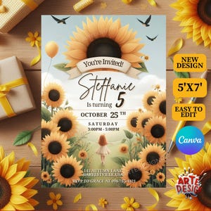 Sunflower Birthday Invitation, SunFlower Birthday Party Invitation, Sunflower Invitation Birthday, Editable Sunflower Invitation, Flower Inv