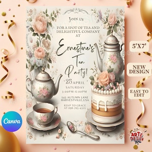 Tea Party Invitation, Editable Tea Party Invitation, Digital Tea Party Invitation, Flower  and Tea Invitation, Vintage Tea Party Invitation