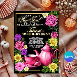 Tea Party Invitation, Editable Tea Party Invitation, Digital Tea Party Invitation, Flower  and Tea Invitation, Tea Birthday Invitation