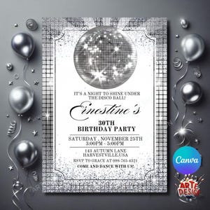 Faire-part d'anniversaire fièvre disco, faire-part disco des années 70 modifiable, invitation disco adulte, invitation soirée disco, invitation vacances disco