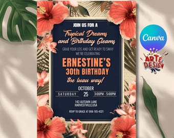 Editable Hawaiian Birthday Invitation, Tropical Luau Birthday Party Invitation, Aloha Celebration  Invitation Birthday, Luau Party Invitatio