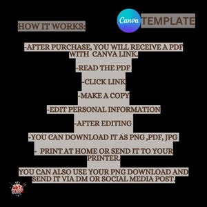 May include: A black graphic with white text explaining how to use a Canva template. The text includes steps like reading a PDF, clicking a link, and editing personal information. A Canva logo is visible.