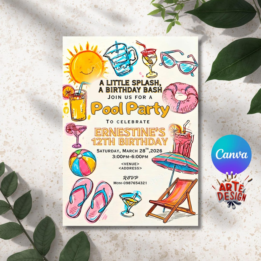 Doodle Pool Party Invitation Template, Summer Birthday Invite, Colorful ...