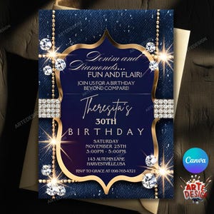 Faire-part d'anniversaire en denim, faire-part de fête en denim et diamants, faire-part en denim pour adulte, faire-part d'anniversaire diamants, invitation élégante