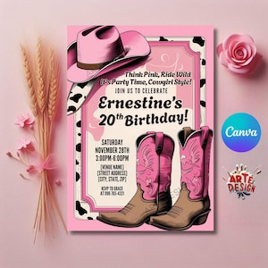 Pink Western Birthday Invitation, Pink cowgirl Birthday Party Invitation, Country Invitation Birthday, Western Cowboy Birthday Invitation