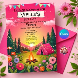 Invitación de cumpleaños para acampar, invitación para fiesta de glamping, invitación rosa para acampar, invitación para una fogata, fiesta de amigos para una fogata, camping para una fogata