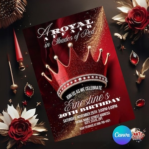 Red Crown Birthday Invitation, Editable Royal Party Invitation, Digital Diamond Crown Invitation, Red Crown Invitation, Princess Birthday