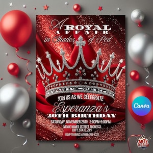 Red Crown Birthday Invitation, Editable Royal Party Invitation, Digital Diamond andCrown Invitation, Red Crown Invitation, quinceanera Invit