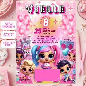 Kleine Puppe-Geburtstags-Einladung, rosa Puppe-Geburtstags-Party Einladung, Lolol Einladung Kinder-Geburtstag, kleine rosa Puppe-Geburtstags-Einladung