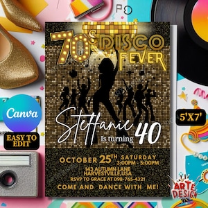 Convite de aniversário Disco Fever, convite editável para festa disco dos anos 70, convite disco adulto, convite para festa disco, convite disco dos anos 70