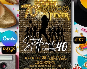 Peut inclure: Une invitation de fête sur le thème disco noir et or avec une silhouette de femme dansant. L'invitation indique "70's Disco Fever" et "Stefanie a 40 ans". La date est le 25 octobre de 15h00 à 17h00. L'adresse est 143 Autumn Lane, Harvestville, USA. Le numéro de RSVP est 098-765-4321. L'invitation indique "Venez danser avec moi !"