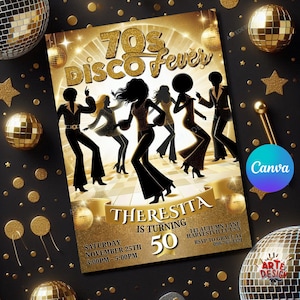 Faire-part d'anniversaire disco des années 70, faire-part d'anniversaire disco modifiable, invitation disco adulte, invitation soirée disco, invitation disco des années 70
