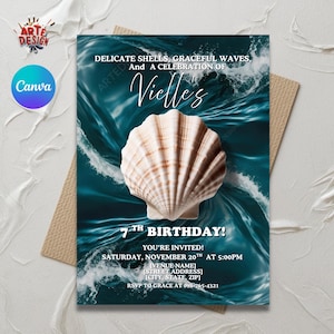 Invitación de cumpleaños de playa, invitación de cumpleaños de conchas, invitación de costa de mar, invitación de fiesta de cumpleaños, invitación de conchas marinas, invitación al océano