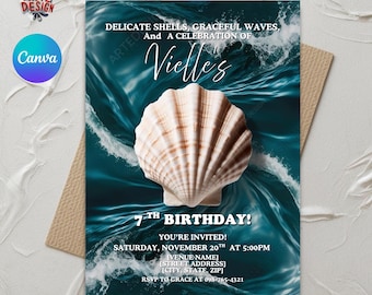 Beach Birthday Invitation, Shell Birthday Invitation, Shore Sea Invitation, Birthday Party Invitation, Sea shell Invitation, Ocean invitatio