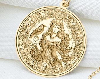 14k Solid Gold Morrigan Charm Necklace, Celtic Goddess Silver Pendant, Rose Gold Raven Necklace, Mystical Empowerment Jewelry, Gift for Her