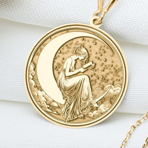 14k Solid Gold Mond Dame Charm Halskette, Halbmond Silber Anhänger, Rosegold Halskette, himmlischen Schmuck, Buch-Liebhaber-Halskette