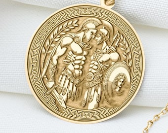 14k Solid Gold Patroclus and Achilles Charm Necklace, MLM Silver Pendant, Rose Gold Mars Necklace, MLM Jewelry, Double Mars, Gifts For Him