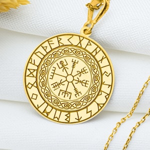 14K Solid Real Gold Vegvisir Compass Necklace, Gold Viking Compass Pendant, Viking Disc Charm, Nordic Compass Jewelry, Pagan Compass Pendant