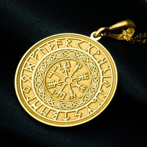 14K Solid Real Gold Vegvisir Compass Necklace, Gold Viking Compass Pendant, Viking Disc Charm, Nordic Compass Jewelry, Pagan Compass Pendant