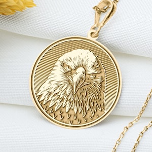14k Solid Gold Eagle Charm Necklace, Eagle Silver Pendant, Rose Gold Eagle Necklace, Bird Jewelry, Eagle Head Coin Pendant, Bird Lover Gifts