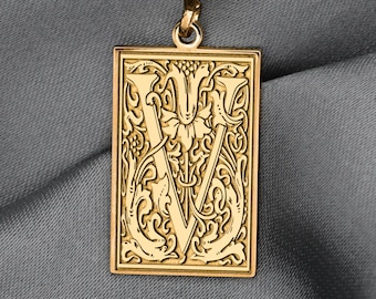 Ornamental Letter V Necklace – Gothic Pointed Monogram Pendant, Numerology 4 Symbol, Botanical Alphabet Jewelry, Vintage Initial Charm