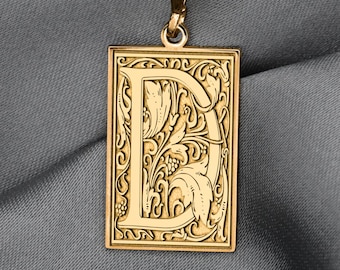 Collier ornemental lettre D - pendentif initial gothique, breloque géométrie sacrée, symbole numérologie 4, bijoux monogramme vintage