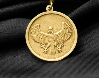 14k Solid Gold Horus Eagle Charm Necklace, Ankh Silver Pendant, Rose Gold Eagle Necklace, Horus Eagle with Ankh Necklace, Egypt Mythology