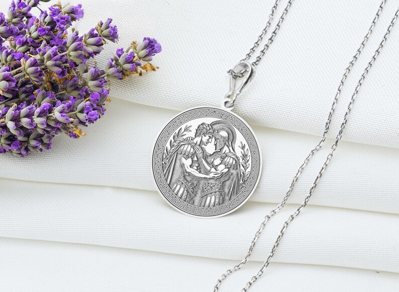 Achilles and Patroclus pendant necklace featuring classical mythological relief artwork