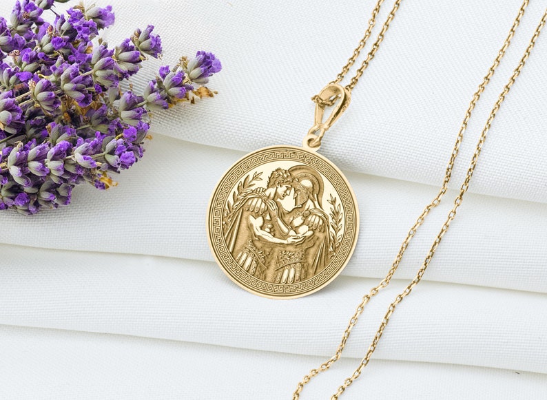 Achilles and Patroclus pendant necklace featuring classical mythological relief artwork