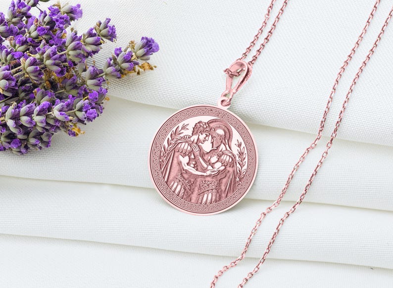 Achilles and Patroclus pendant necklace featuring classical mythological relief artwork