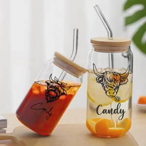 Bicchiere personalizzato con nome a forma di mucca delle Highlands, in vetro trasparente, regalo per gli amanti delle mucche delle Highlands.