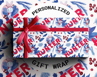 Custom Blue Red Christmas Gift Wrap | Personalized Wrapping Paper | Blue Bunny Pattern | Name Personalization | Name on Wrapping Paper