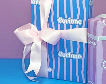 Personalisierte Geburtstag Geschenkverpackung | Dunkelblaues und rosa Candy Stripes Geschenkpapier für Kinder