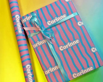 Personalisierte Geburtstag Geschenkverpackung | Rosa und helles Blau Candy Stripes Geschenkpapier für Kinder