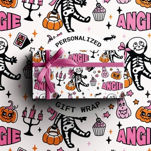 Personalisierte Halloween-Geschenk-Wrap für Mädchen | Skelly Chic kundenspezifisches Geschenkpapier | Geburtstagsgeschenkpapier mit niedlichem Skelett Design