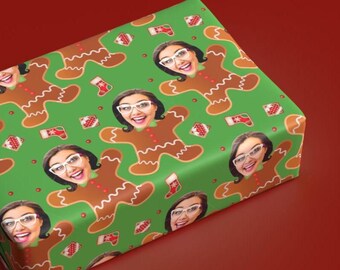 Gingerbread Personalized Photo Gift Wrap | Custom Face Green Christmas Cookie Wrapping Paper