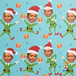 May include: A blue background with a repeating pattern of elf cutouts. Each elf is wearing a green and white striped outfit, a red hat, and has a different facial expression. The elves are holding small red gift boxes. The text "WRAP CRAFTERS" is in the bottom right corner of the image.