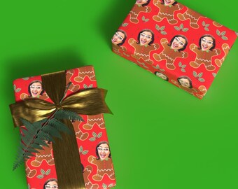 Gingerbread Personalized Photo Gift Wrap | Custom Face Red Christmas Cookie Wrapping Paper