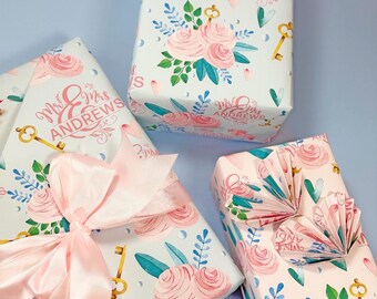 Key to My Heart Personalized Wrapping Paper | Vintage Golden Key Anniversary Gift Wrap with Custom Name