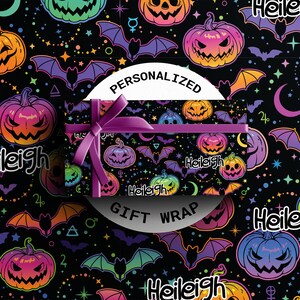 Personalized Neon Halloween Gift Wrap | Pumpkin & Bats