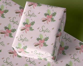 Personalized Pink Holly Gift Wrap|  Custom Holiday Wrapping Paper for Her