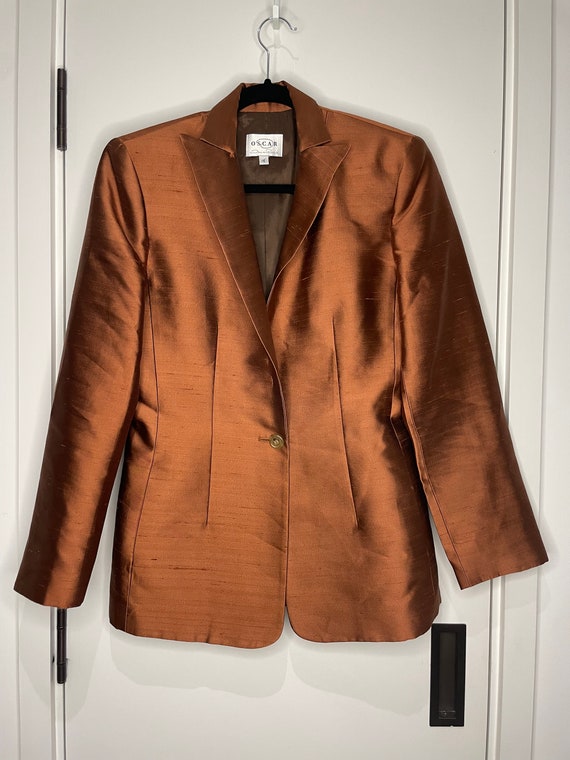 Stunning 90s Oscar de la Renta silk copper blazer - image 7