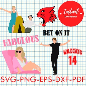 Peut inclure: Téléchargement numérique de cinq fichiers de découpe SVG représentant des personnages et du texte du film High School Musical. Les fichiers comprennent un mascotte de chat rouge, une fille en tenue rose, un garçon en chemise noire et le texte "Fabulous", "Bet on It", "Wildcats" et "14".