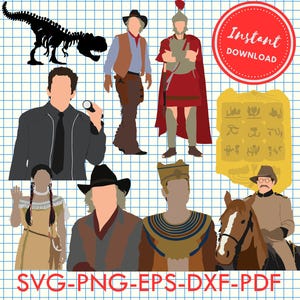 May include: A digital download of 10 SVG cut files featuring characters from the movie 'Night at the Museum'. The characters include a cowboy, a Roman soldier, an Egyptian pharaoh, a Native American woman, a dinosaur skeleton, a museum guard, and a man riding a horse. The files are available for instant download.