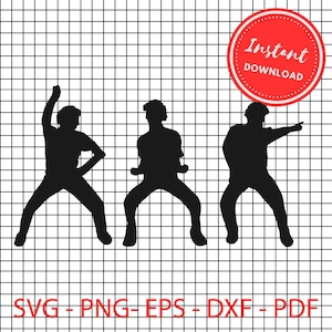 May include: Three black silhouette figures dancing in a line. The figures are in a variety of poses, with one figure pointing to the right. The figures are on a white and black grid background. The text "Instant Download" is in a red circle at the top right of the image. The text "SVG - PNG - EPS - DXF - PDF" is at the bottom of the image.