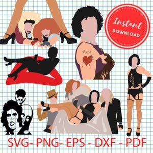 Puede incluir: Un conjunto de archivos de diseño digital con ilustraciones en blanco y negro de personajes de la película 'The Rocky Horror Picture Show'. Los personajes incluyen al Dr. Frank-N-Furter, Columbia, Magenta y Riff Raff. El conjunto de diseño incluye el texto 'Descarga instantánea' y 'SVG-PNG-EPS-DXF-PDF'.
