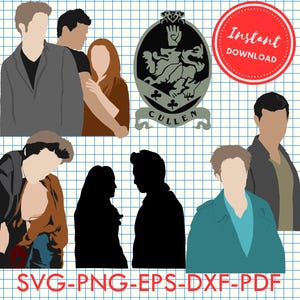 Puede incluir: Una descarga digital de archivos SVG, PNG, EPS, DXF y PDF con imágenes de silueta de personajes de la saga Crepúsculo. Las imágenes incluyen a Bella Swan, Edward Cullen, Jacob Black y el escudo de armas de la familia Cullen con el texto "Cullen".
